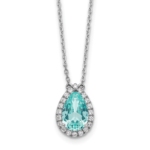 14K White Gold Lab Grown VS/SI FGH Dia and Cr Paraiba Pear Halo Necklace