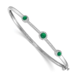 14k White Gold Diamond and Cabochon Emerald Bangle
