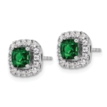 14K White Gold Lab Grown VS/SI FGH Dia and Created Emerald Halo Post Earrin - Image 2